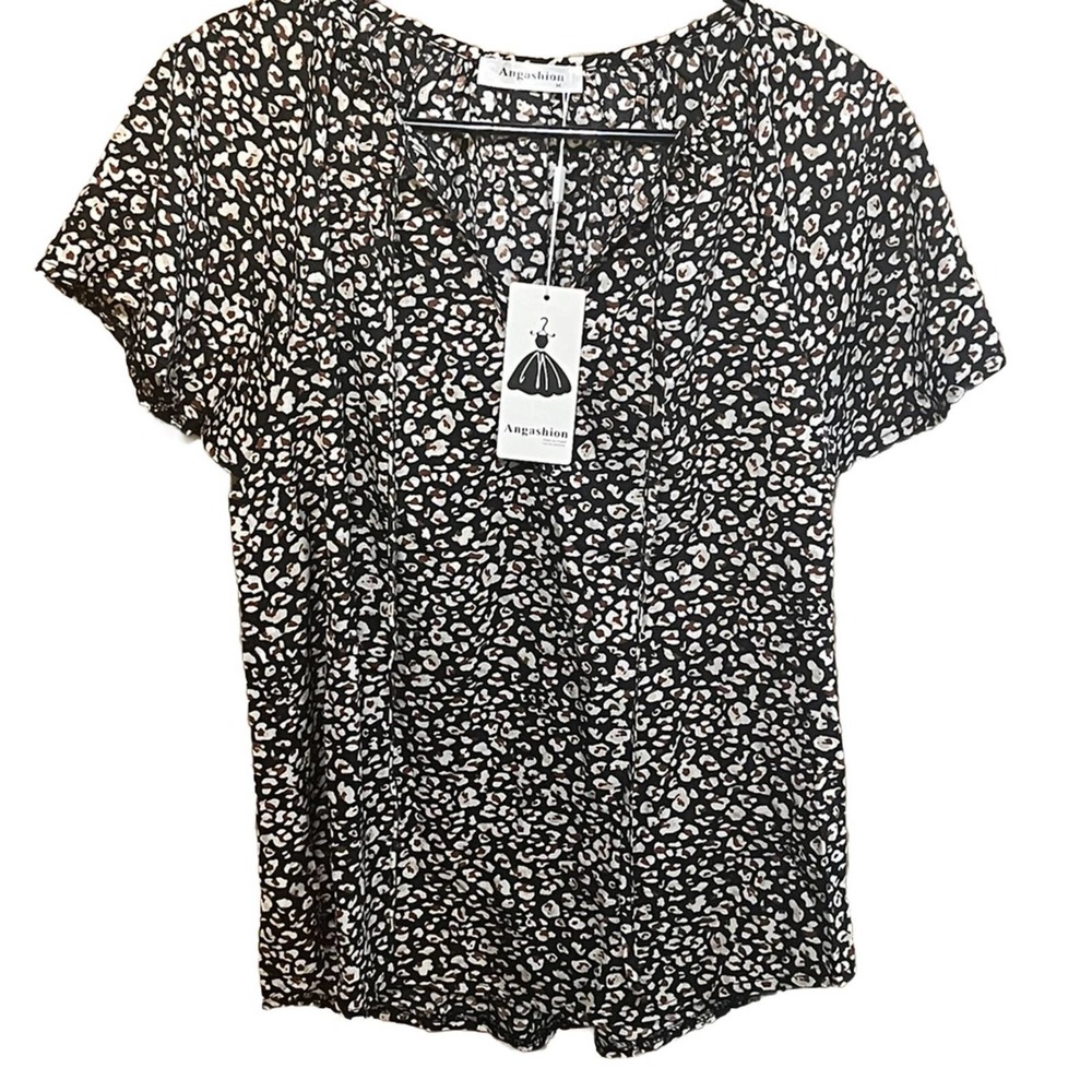 Angashion Brown & Black Leopard Print Peplum Cap Sleeve Blouse Size Medium NWT